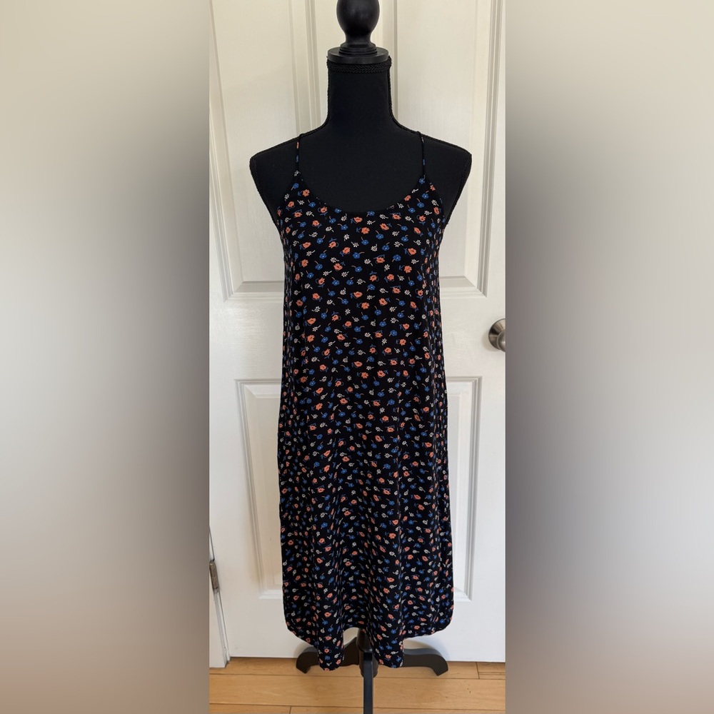 Madewell black floral‎ strappy tie back midi slip dress women’s size 0